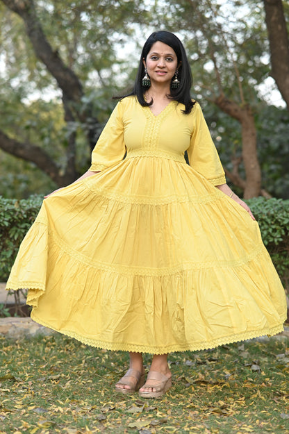 Yellow Cotton Tier Gown
