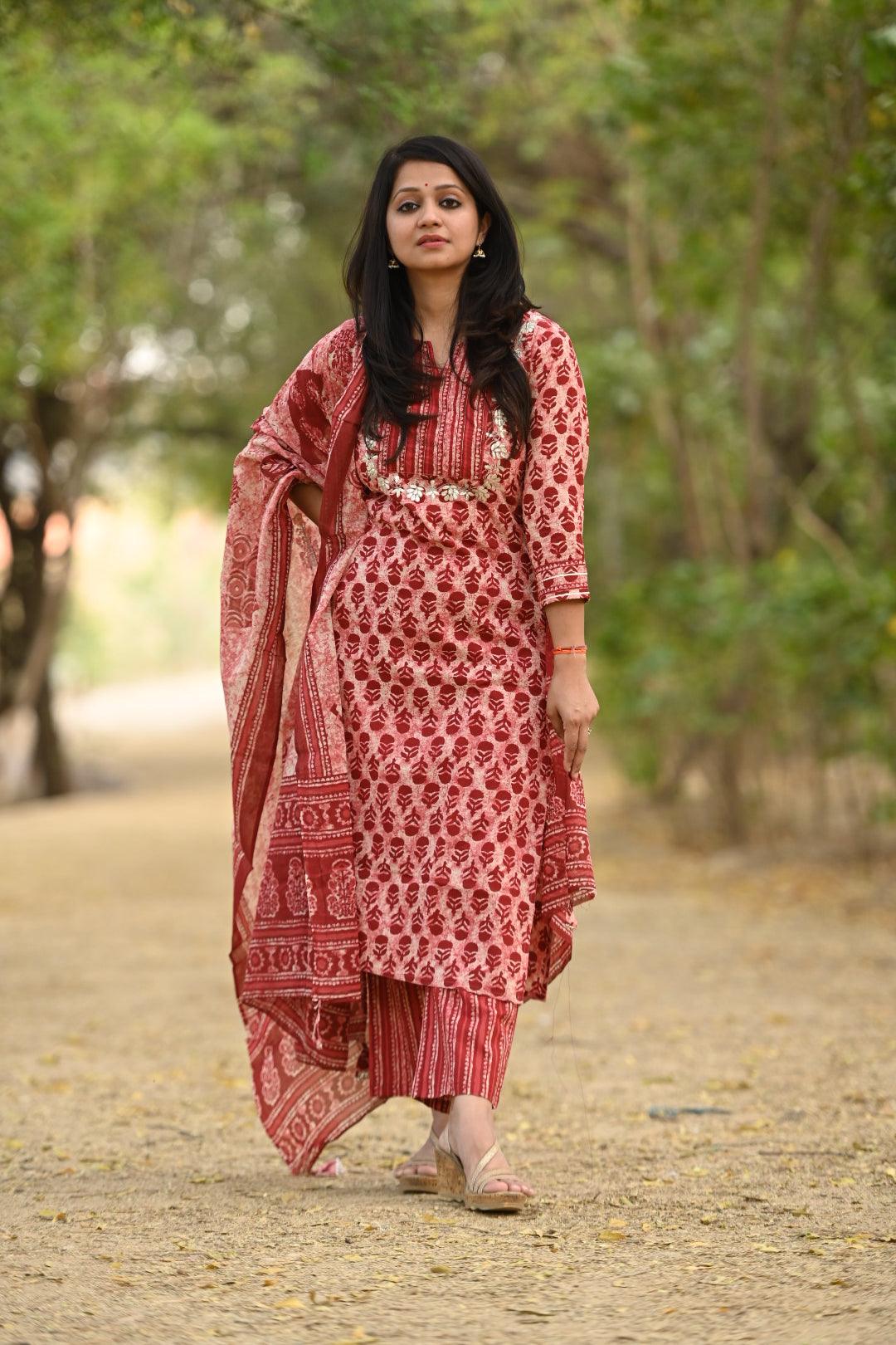 Red Bagru Suit Set