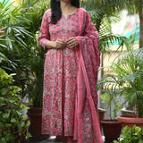 Gulraaz Pink Handblock Anarkali Suit Set