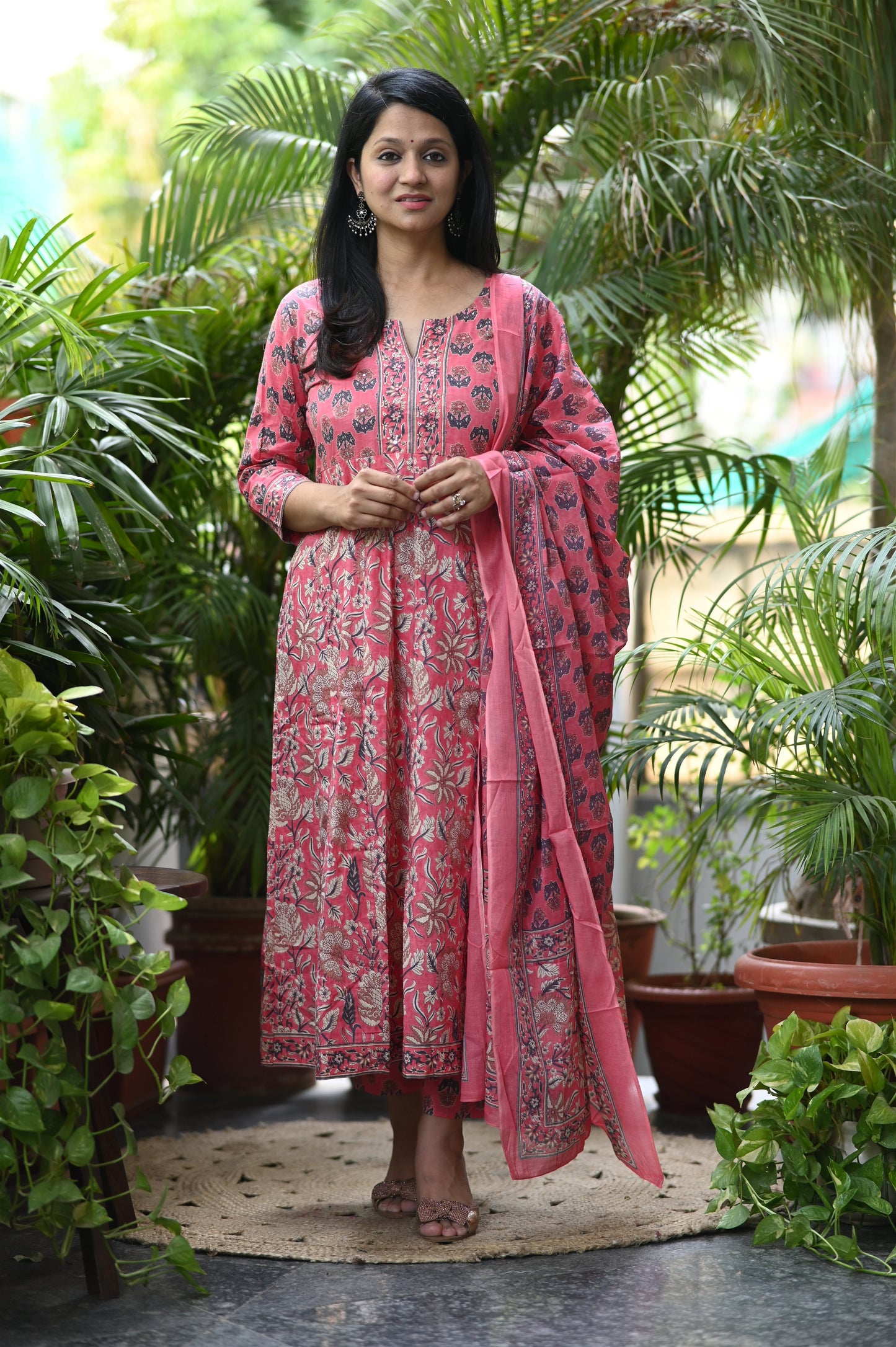 Gulraaz Pink Handblock Anarkali Suit Set