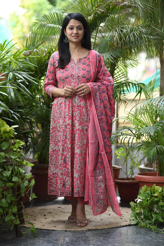 Gulraaz Pink Handblock Anarkali Suit Set