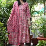 Gulraaz Pink Handblock Anarkali Suit Set