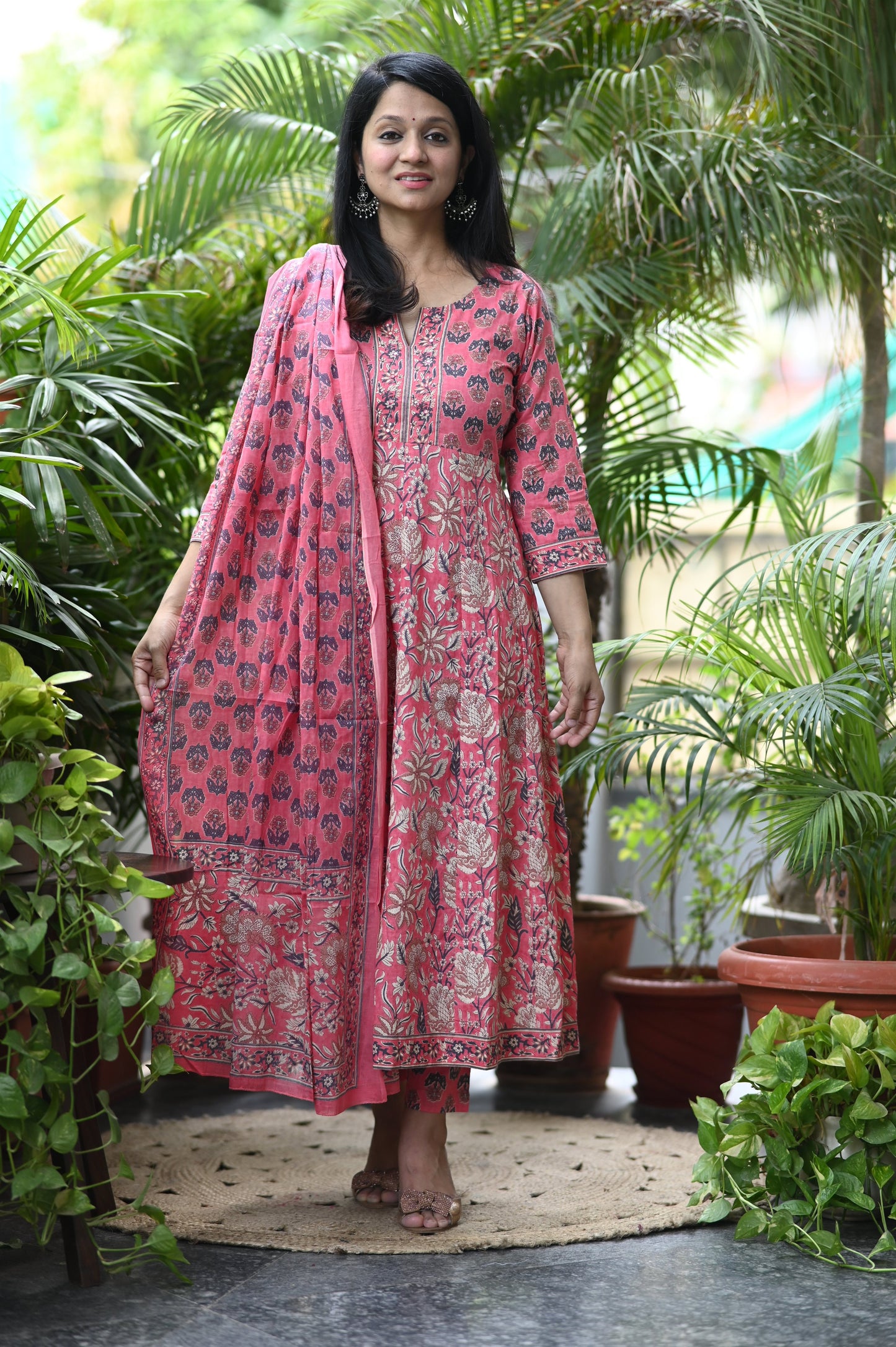 Gulraaz Pink Handblock Anarkali Suit Set