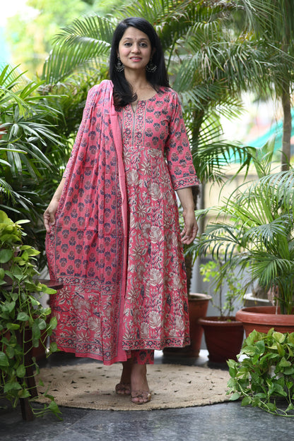 Gulraaz Pink Handblock Anarkali Suit Set
