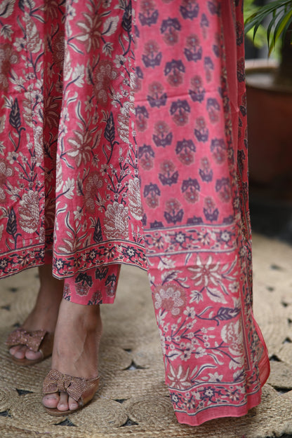 Gulraaz Pink Handblock Anarkali Suit Set