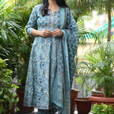 Shaarvi Blue Handblock Anarkali Suit Set