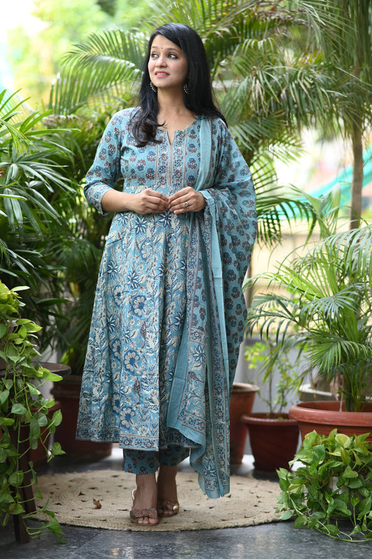Shaarvi Blue Handblock Anarkali Suit Set