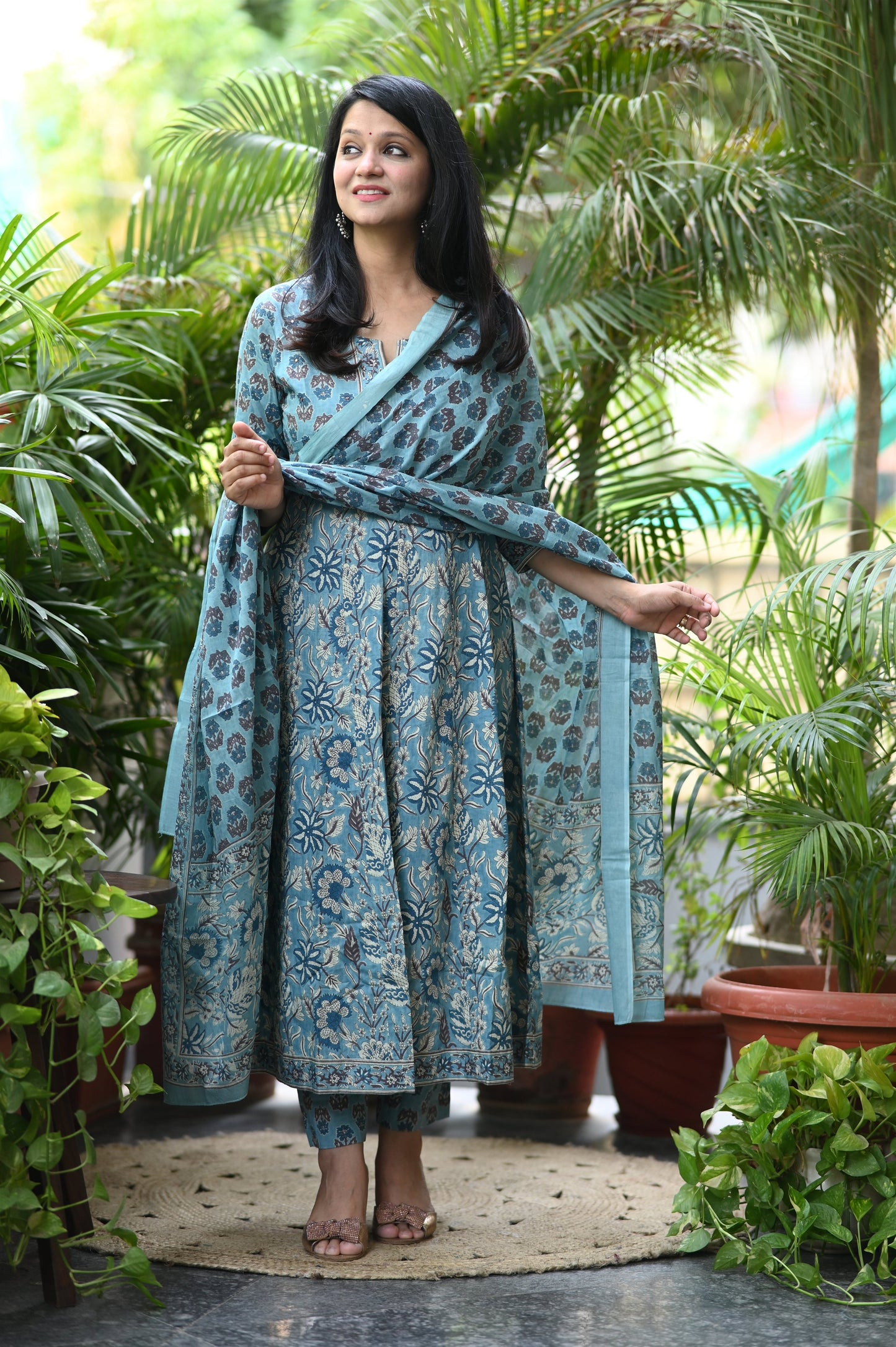 Shaarvi Blue Handblock Anarkali Suit Set
