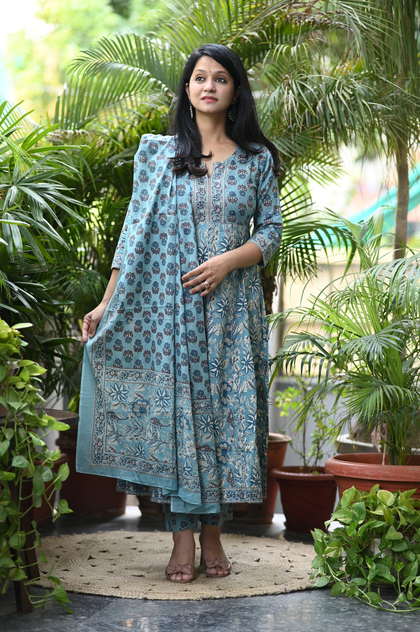 Shaarvi Blue Handblock Anarkali Suit Set
