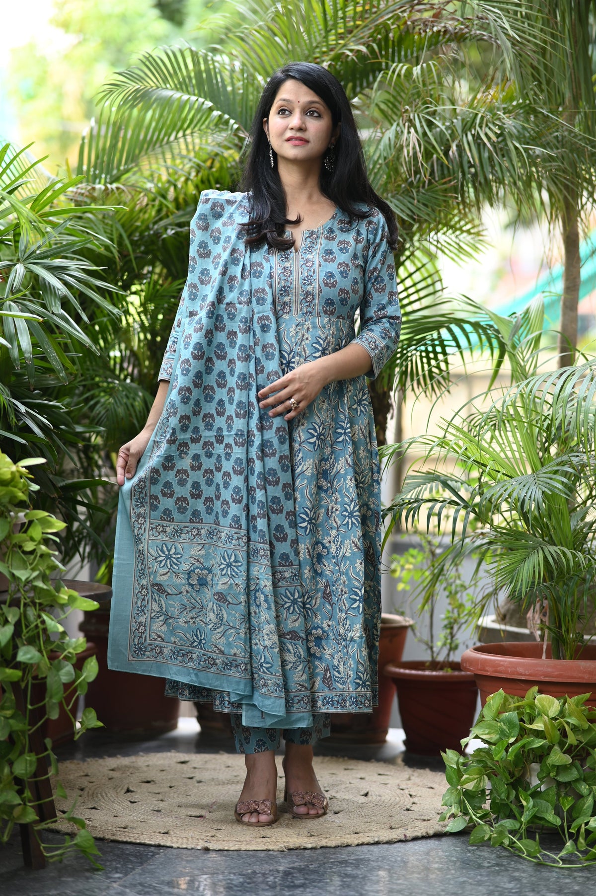 Shaarvi Blue Handblock Anarkali Suit Set