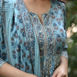 Shaarvi Blue Handblock Anarkali Suit Set