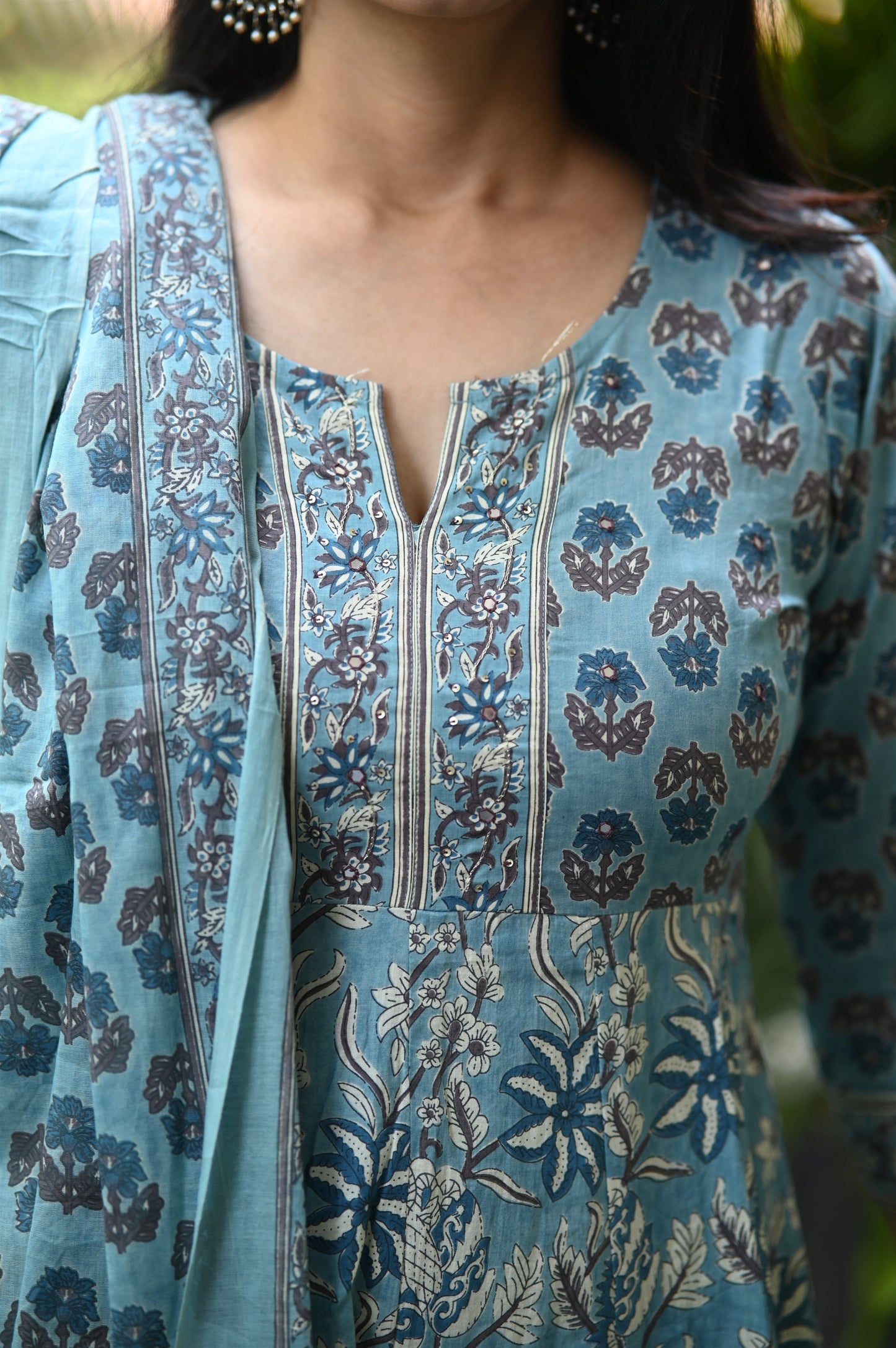 Shaarvi Blue Handblock Anarkali Suit Set