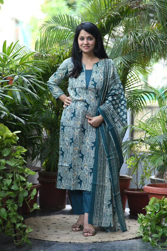 Ocean Blue Designer Cotton Suit Set