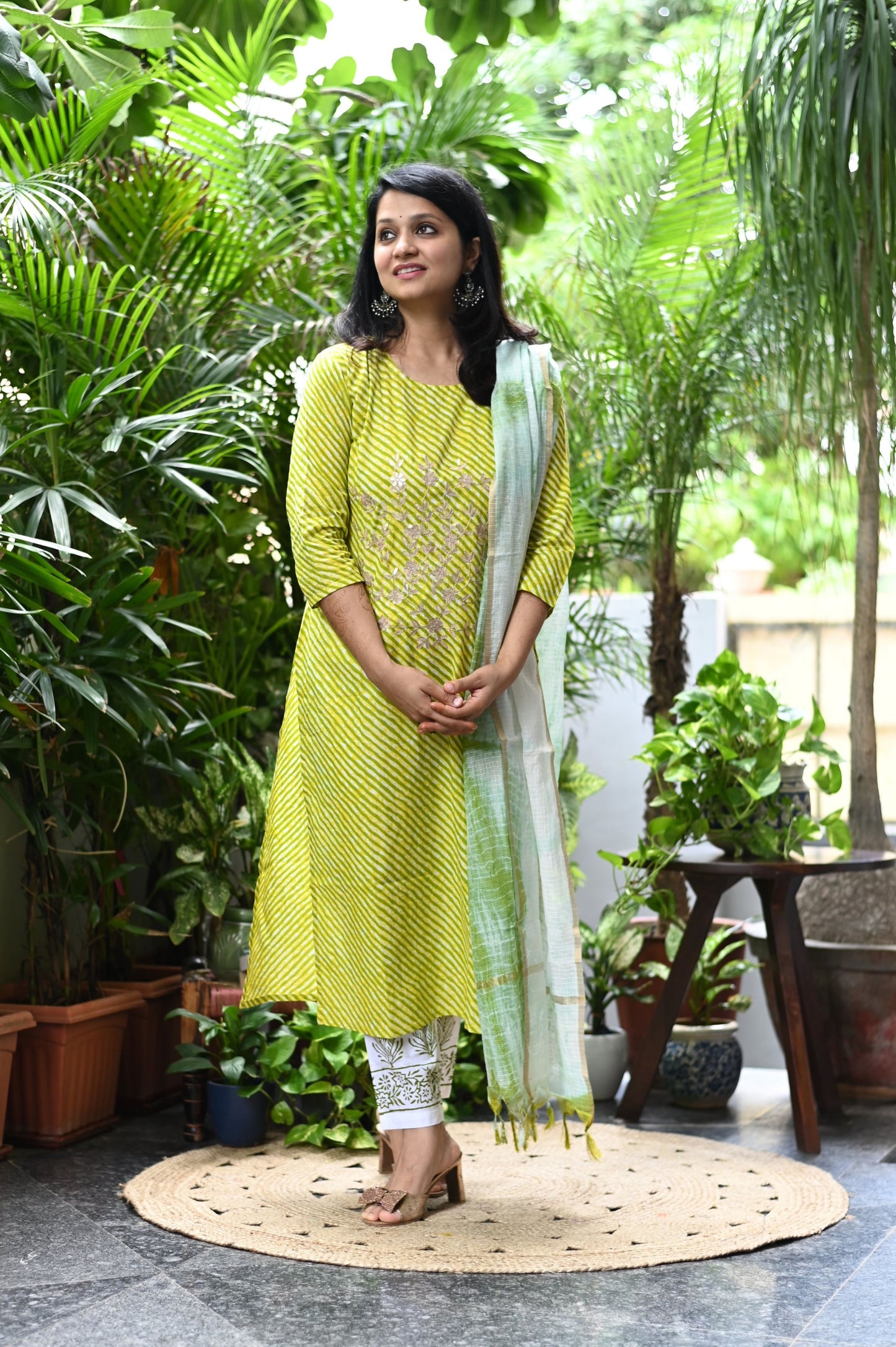 Parrot Green Lehariya Cotton Suit Set
