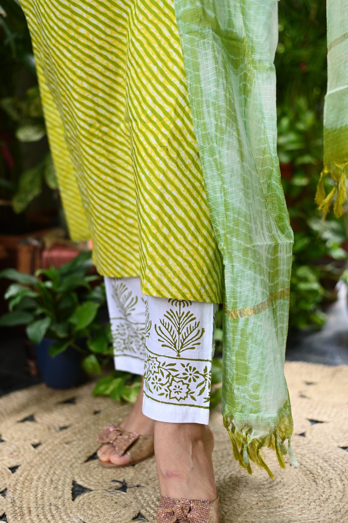 Parrot Green Lehariya Cotton Suit Set