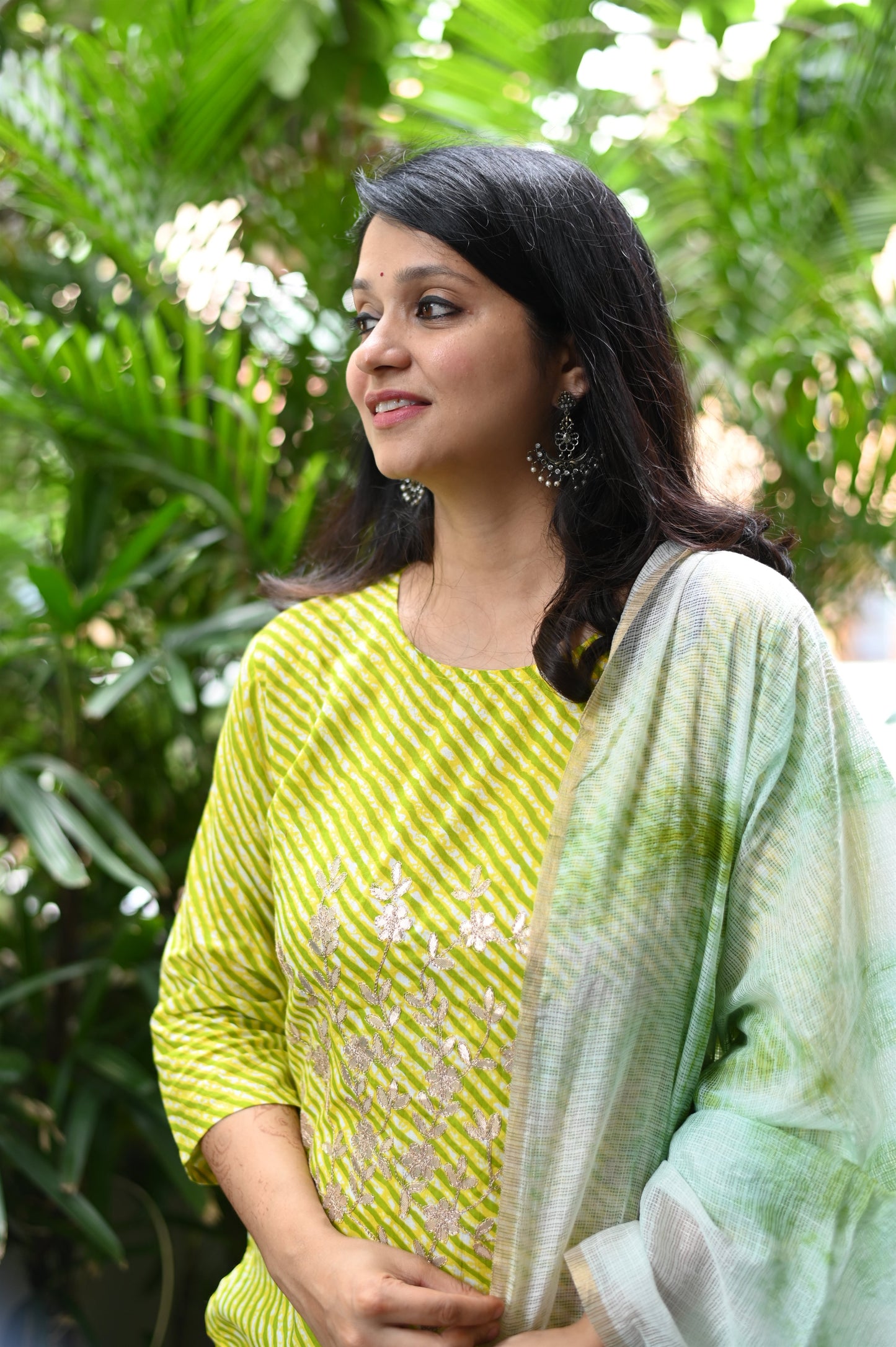 Parrot Green Lehariya Cotton Suit Set