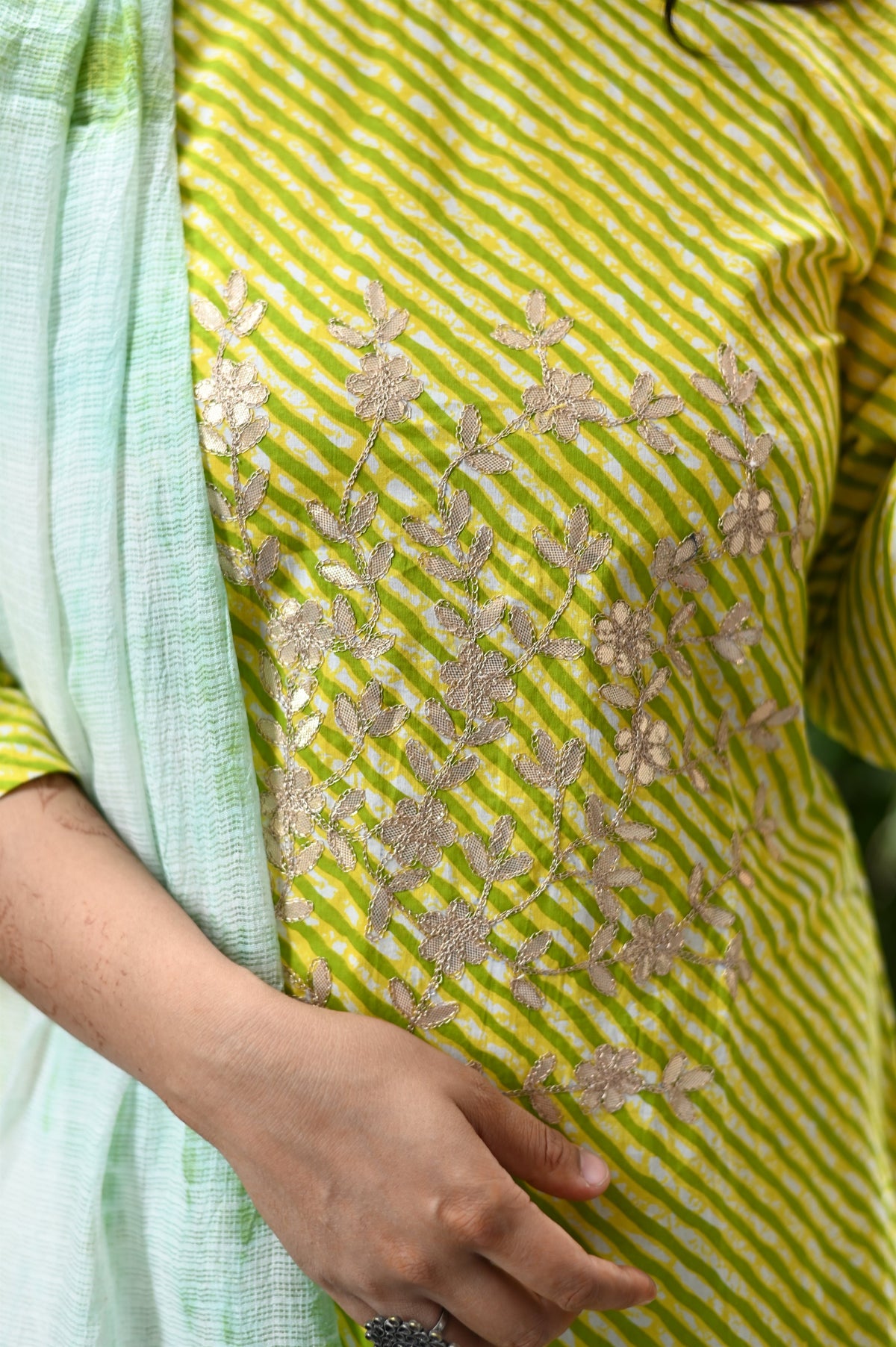 Parrot Green Lehariya Cotton Suit Set