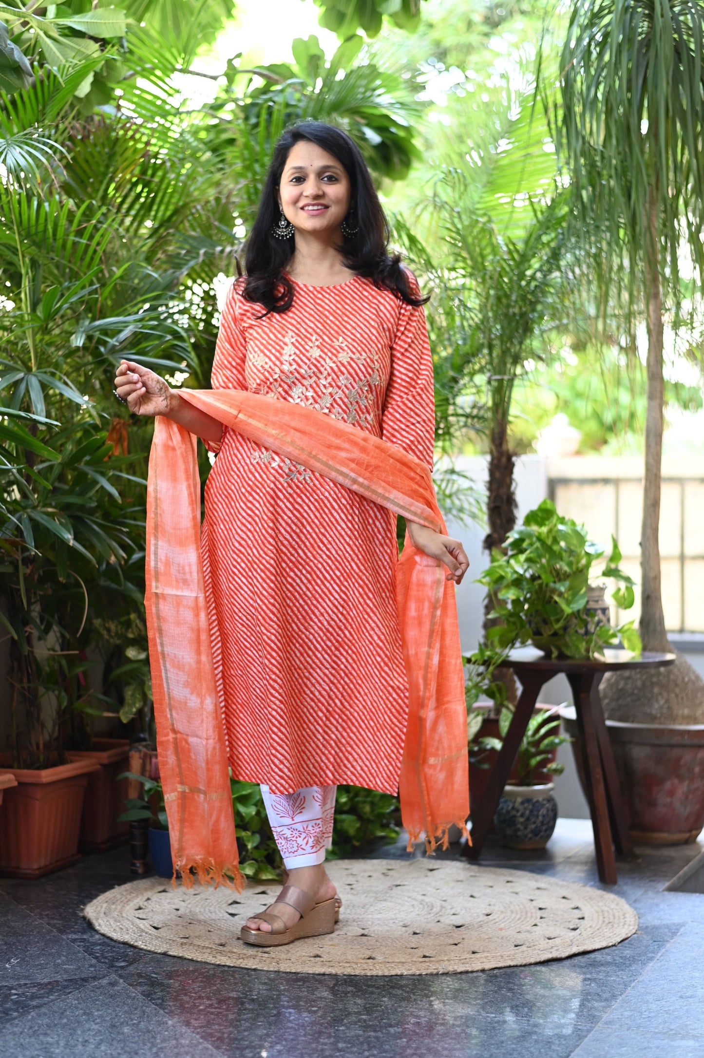 Orange Lehariya Cotton Suit Set