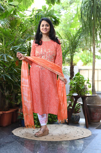 Orange Lehariya Cotton Suit Set