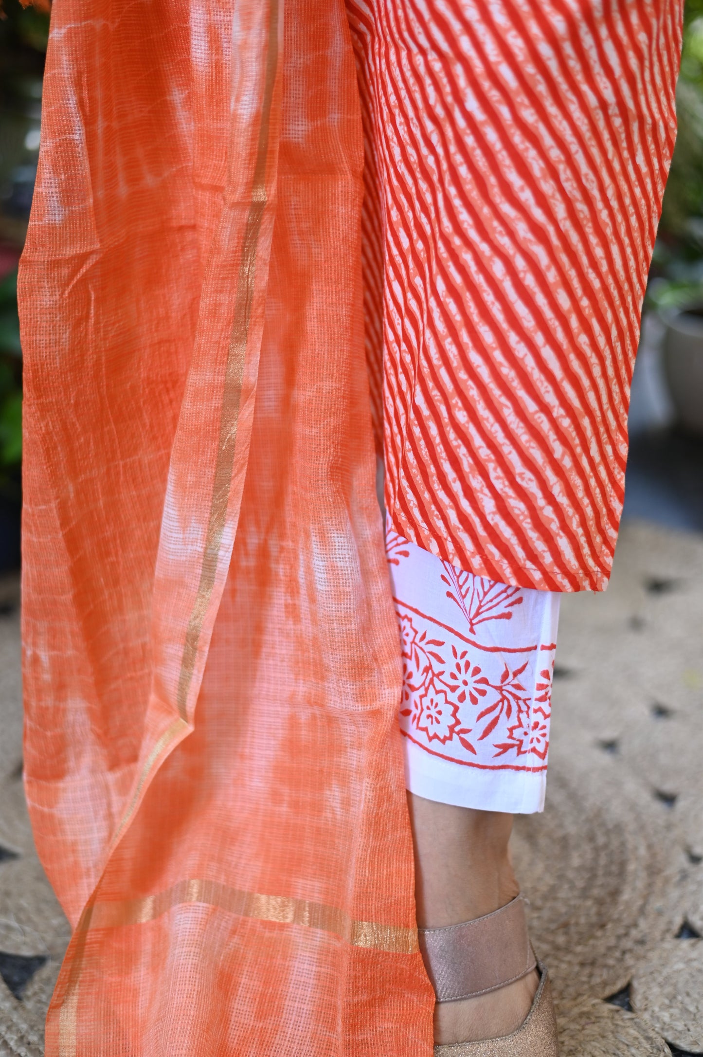 Orange Lehariya Cotton Suit Set