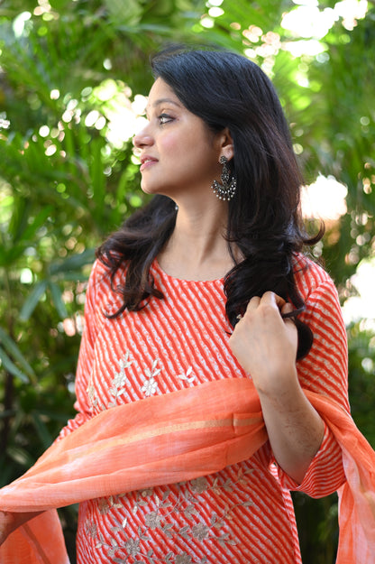 Orange Lehariya Cotton Suit Set