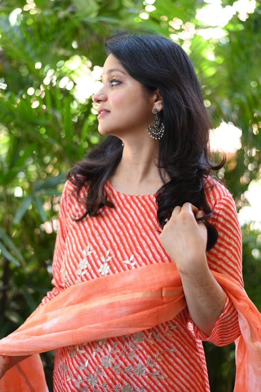 Orange Lehariya Cotton Suit Set
