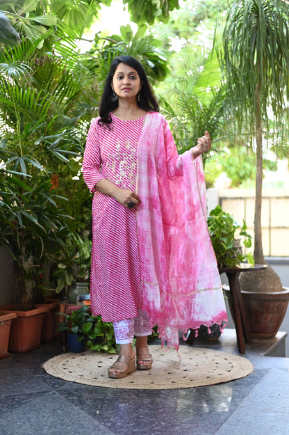Pink Lehariya Cotton Suit Set