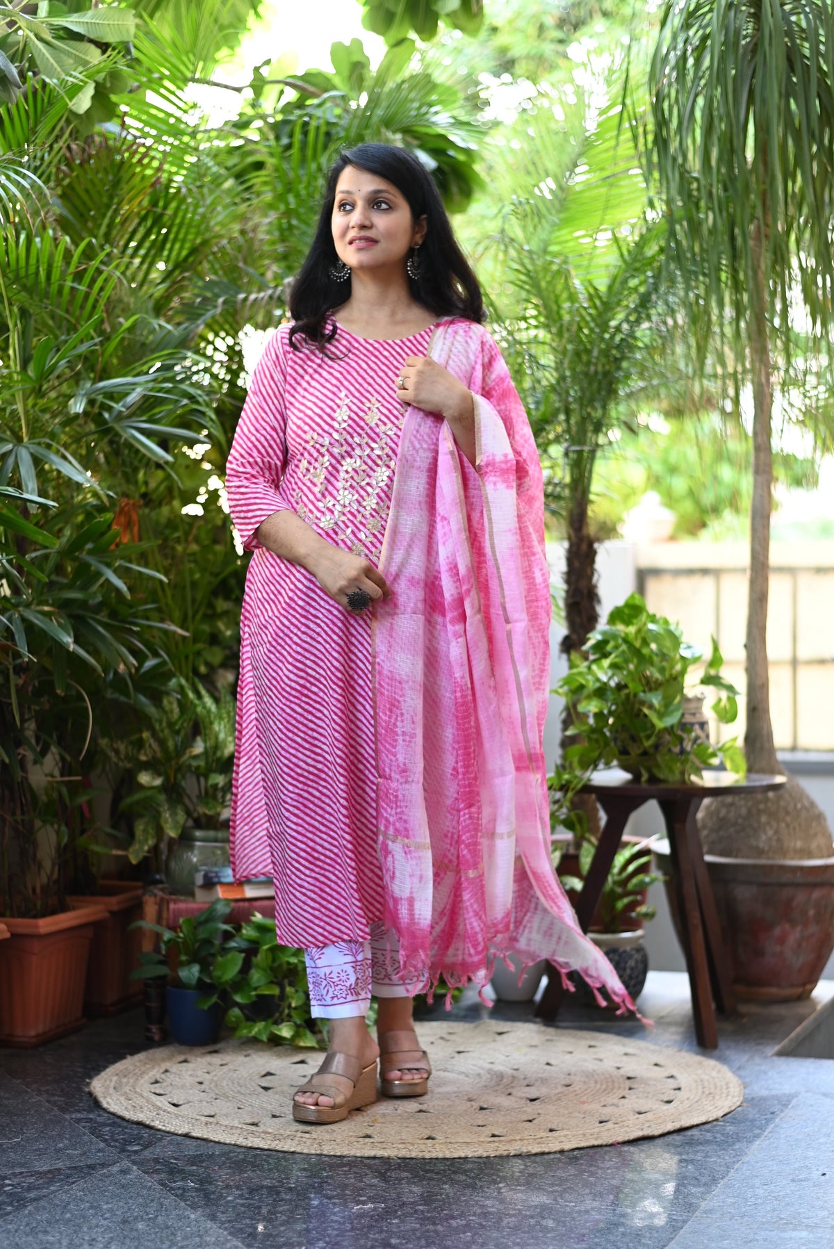 Pink Lehariya Cotton Suit Set