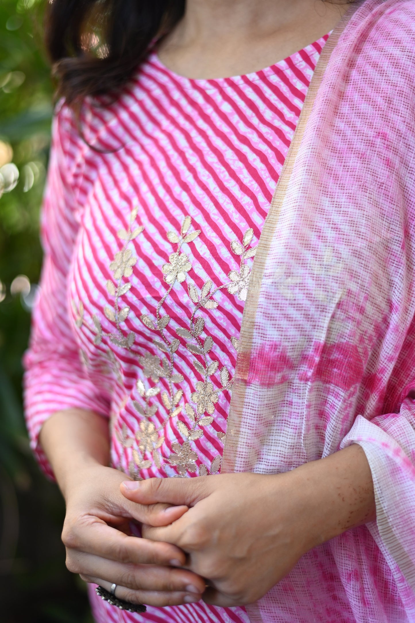 Pink Lehariya Cotton Suit Set