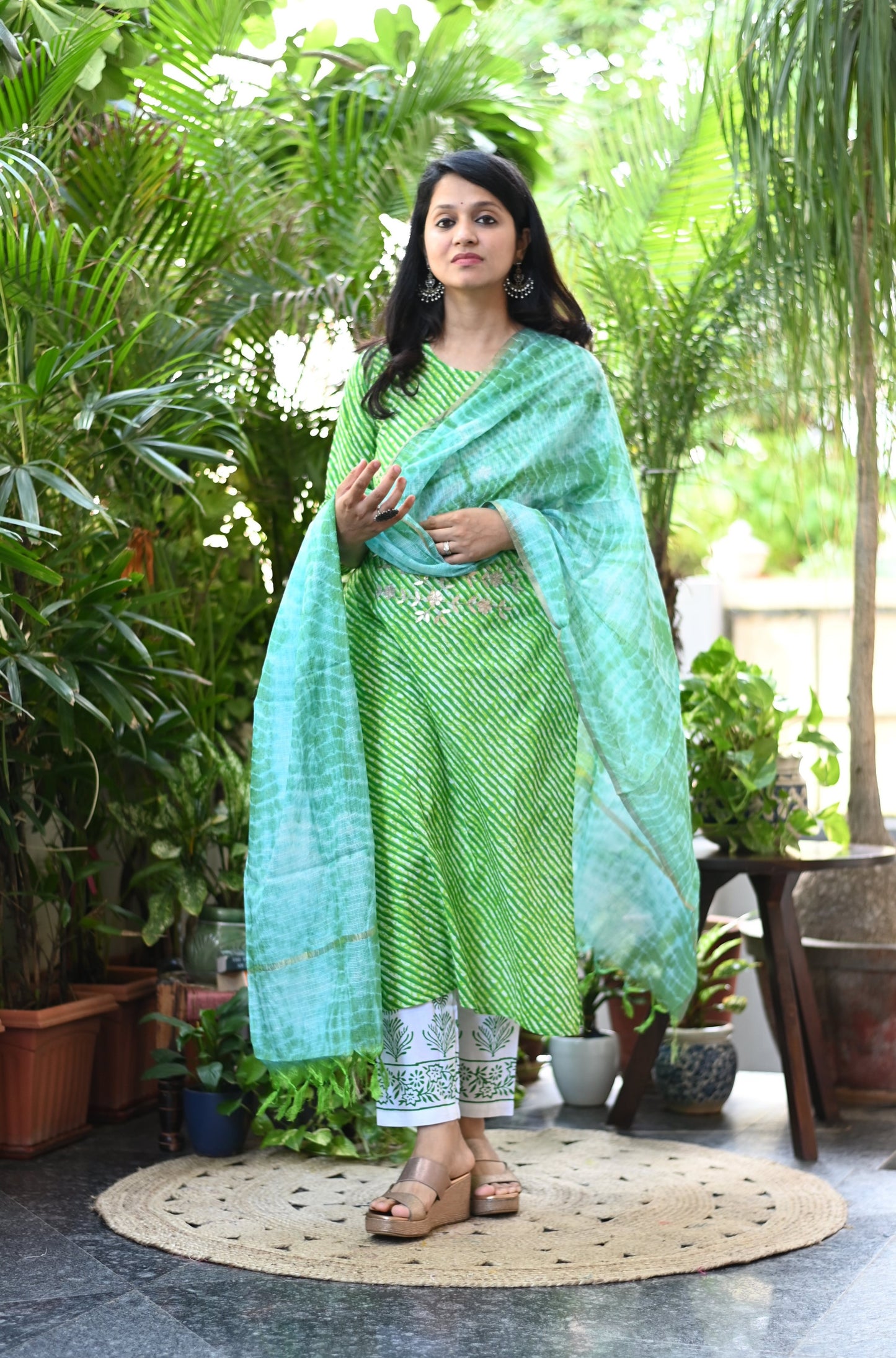 Green Lehariya Cotton Suit Set