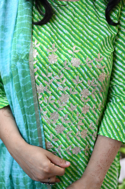 Green Lehariya Cotton Suit Set