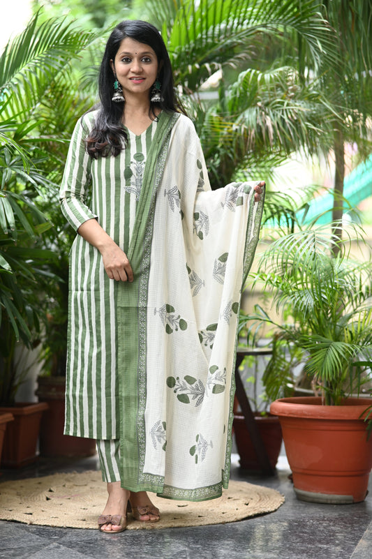 Olive Striped Cotton Suit Set