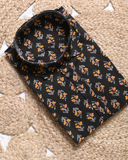 Black Gold Sanganeri Print Cotton Shirt