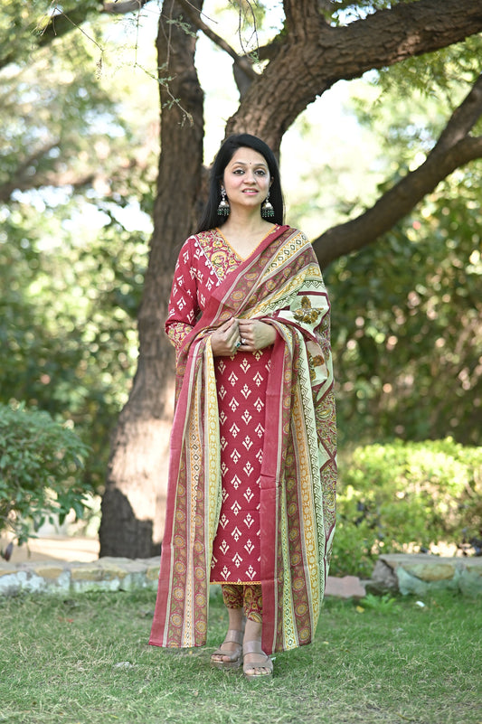 Gujrati Maroon Cotton Suit Set