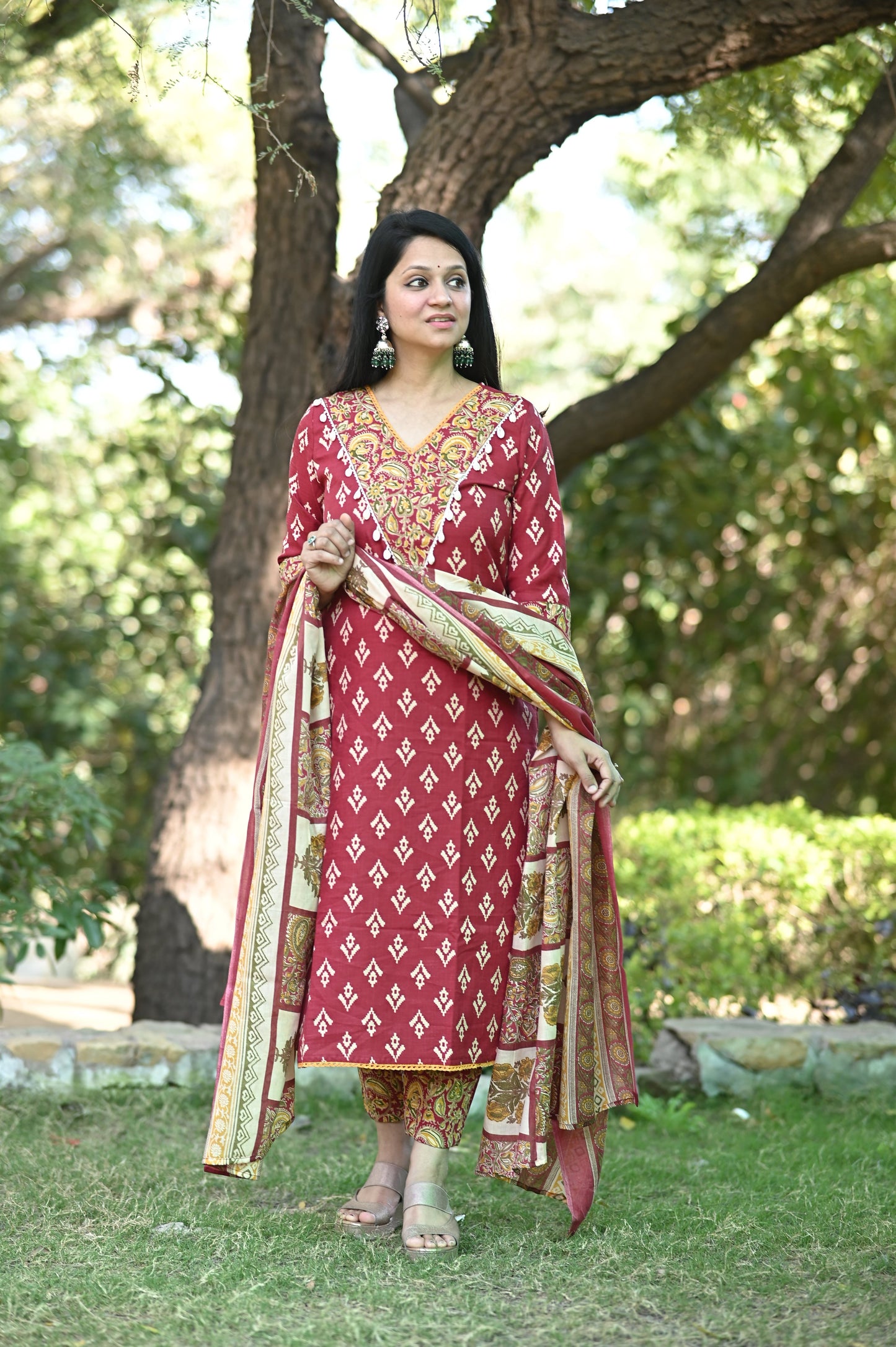 Gujrati Maroon Cotton Suit Set