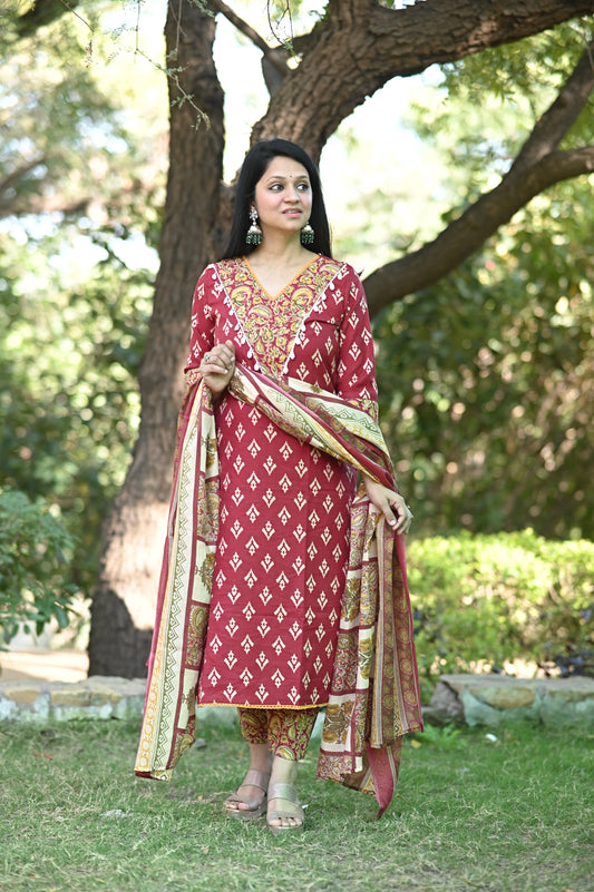 Gujrati Maroon Cotton Suit Set