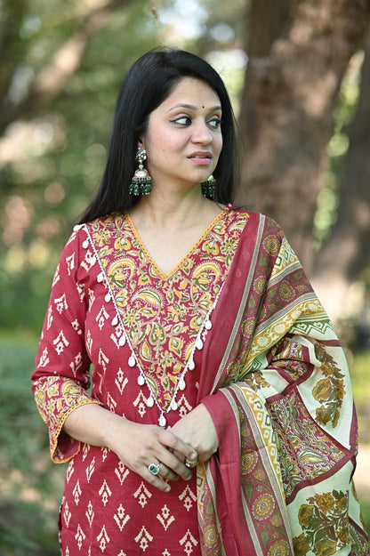 Gujrati Maroon Cotton Suit Set