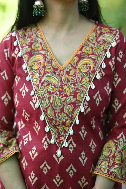 Gujrati Maroon Cotton Suit Set