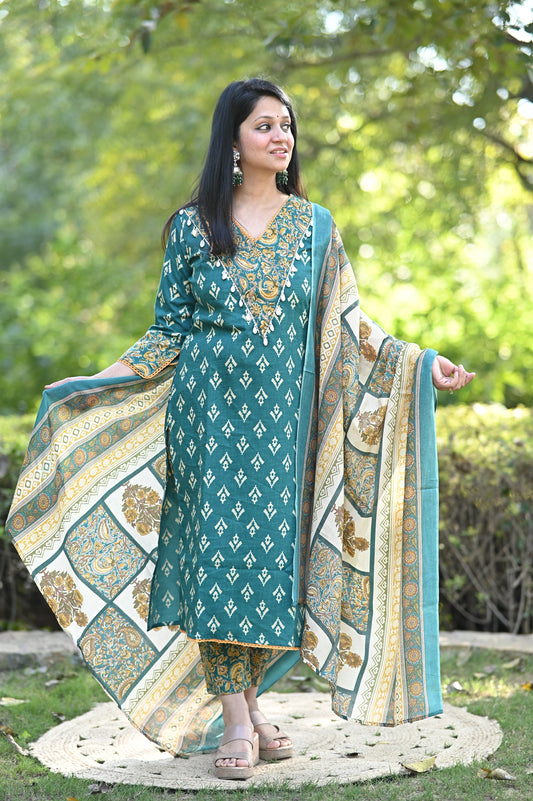 Gujrati Rama-Green Cotton Suit Set