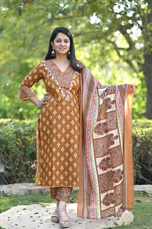 Gujrati Gold Cotton Suit Set