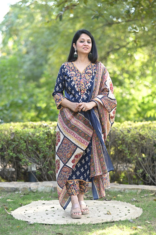 Dholkee Blue Kalamkari Cotton Suit Set with Kodi Work