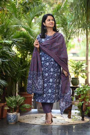 Kaashmi Blue Cotton Suit Set