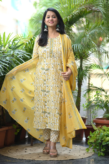 Kamira Yellow Cotton Suit Set