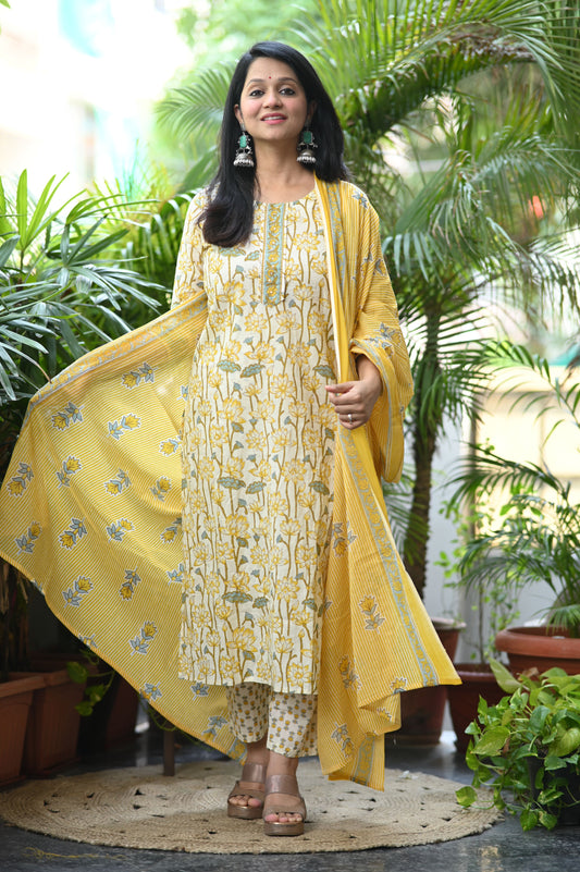 Kamira Yellow Cotton Suit Set