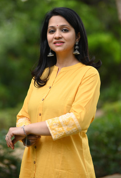 Yellow A-Line Cotton Kurta Pant set