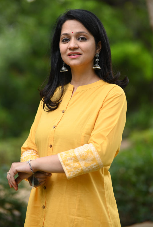 Yellow A-Line Cotton Kurta Pant set