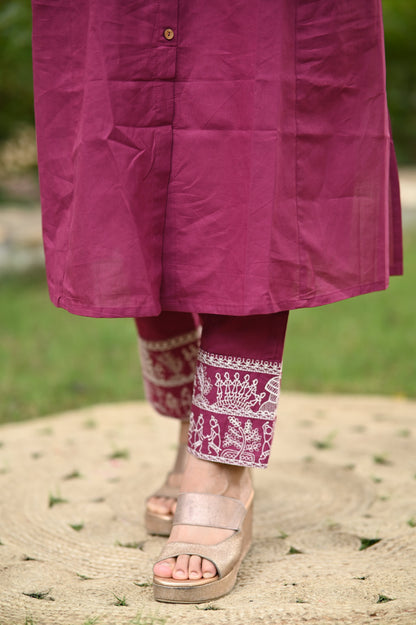 Maroon A-Line Cotton Kurta Pant set