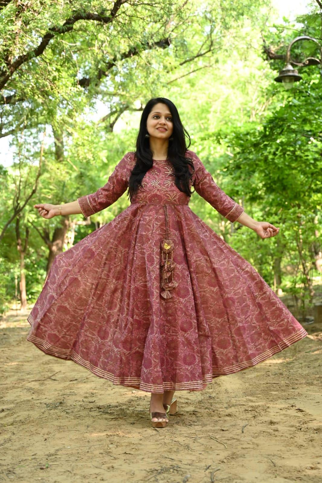 Block Printed Chanderi Silk Gown