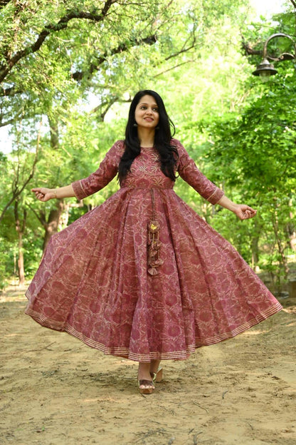 Block Printed Chanderi Silk Gown