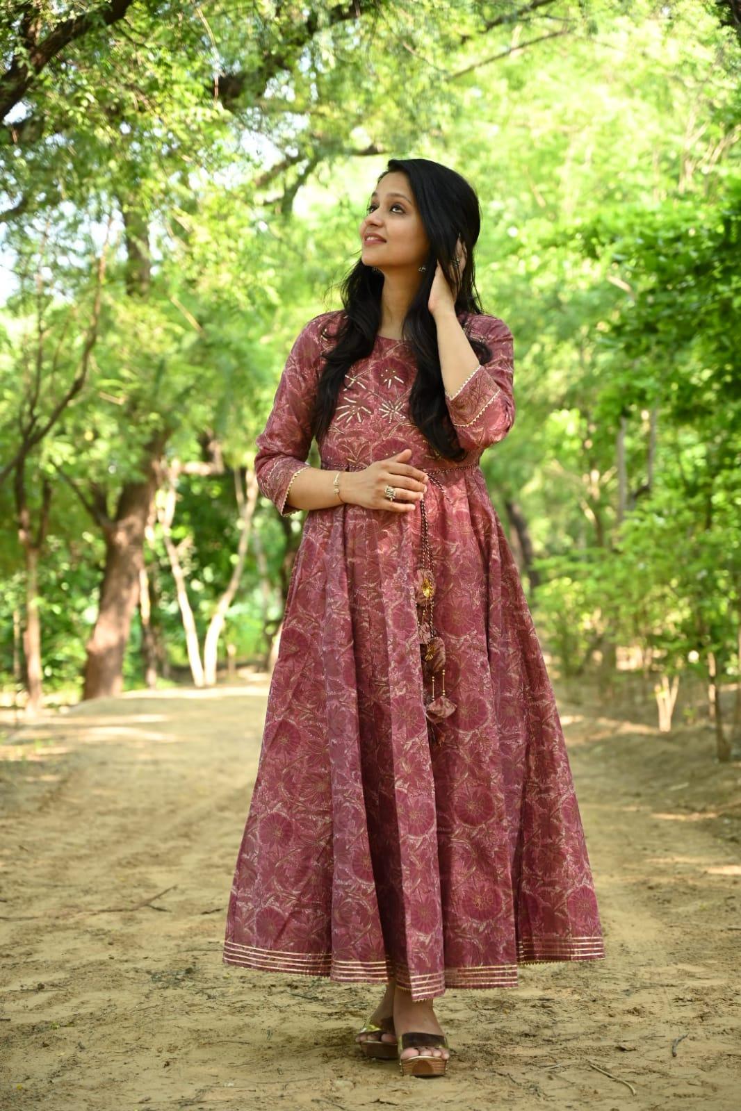 Block Printed Chanderi Silk Gown